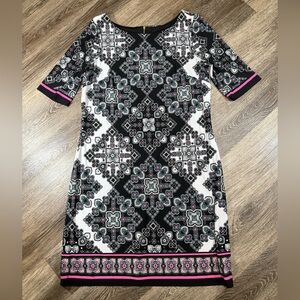 Eliza J Shift Dress Sz14 Black White Pink Paisley Floral 90s Boho Officecore